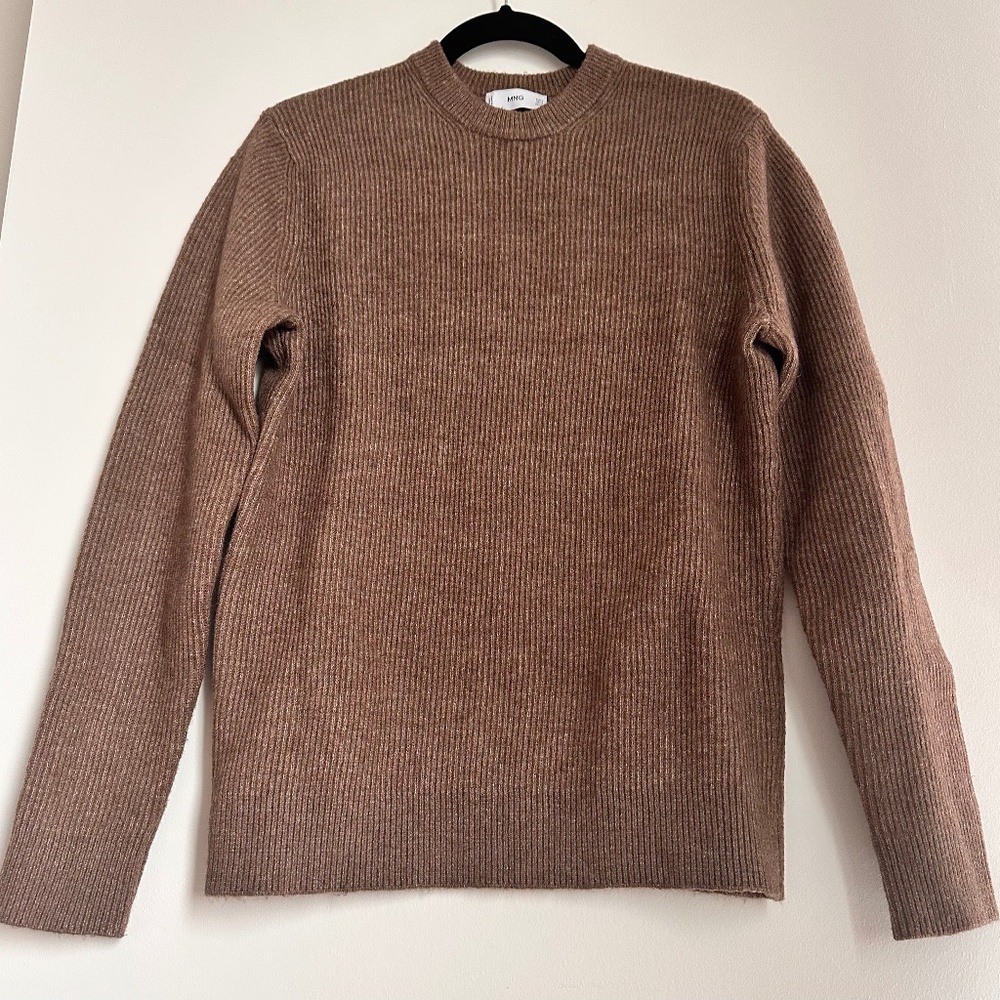 Mango Knit Sweater – Ribbed Pullover - Brown - Small (S)